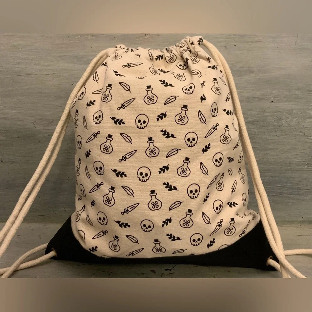 Skull Crossbones Poison Bottle Print Canvas‎ Drawstring Backpack Black Faux GC